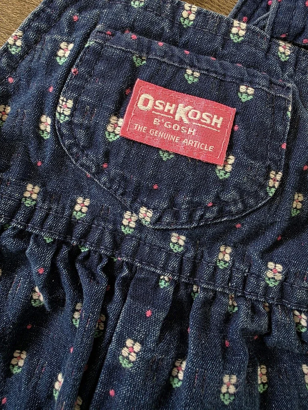 VTG Osh Kosh B'gosh Blue And Pink Floral Dot-Pattern Bow Denim Overalls